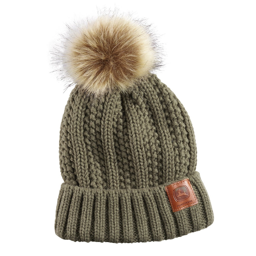 Olive coloured knit toque with leather patch