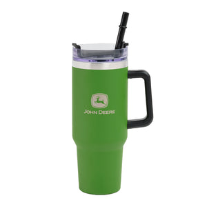 Green large cup with black handle and straw