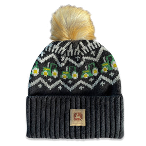 John Deere Womens Black Jacquard Knit Pom Beanie Toque