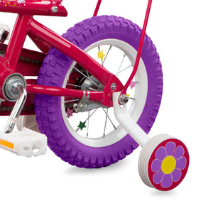 Training wheels of pink and purple bike