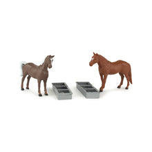 Load image into Gallery viewer, 2 horses at their feed troughs 
