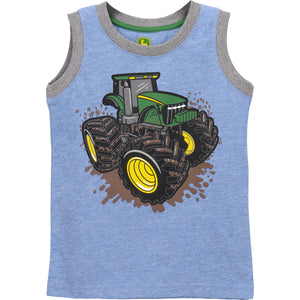 Blue muscle tee with muddy tractor